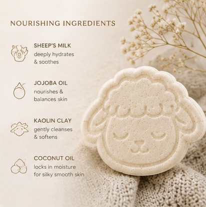 Nourishing ingredients - sheep's milk, jojoba oil, kaolin clay, coconut oil