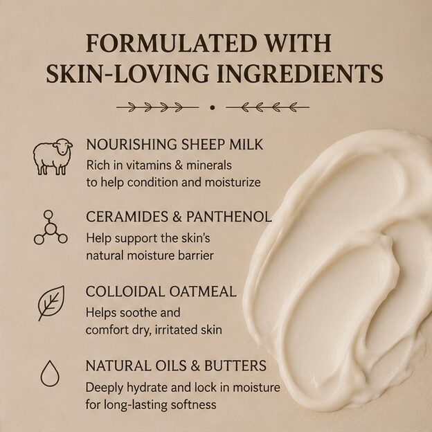 Formulated with sheep milk, ceramides and panthenol, colloidal oatmeal, and natural oils and butters