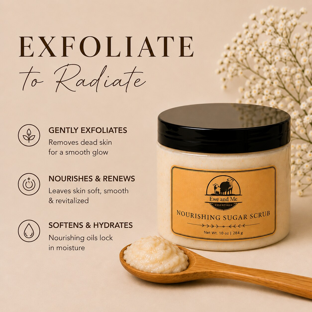 Exfoliate to radiate - gently exfoliates, boosts circulation, softens and hydrates
