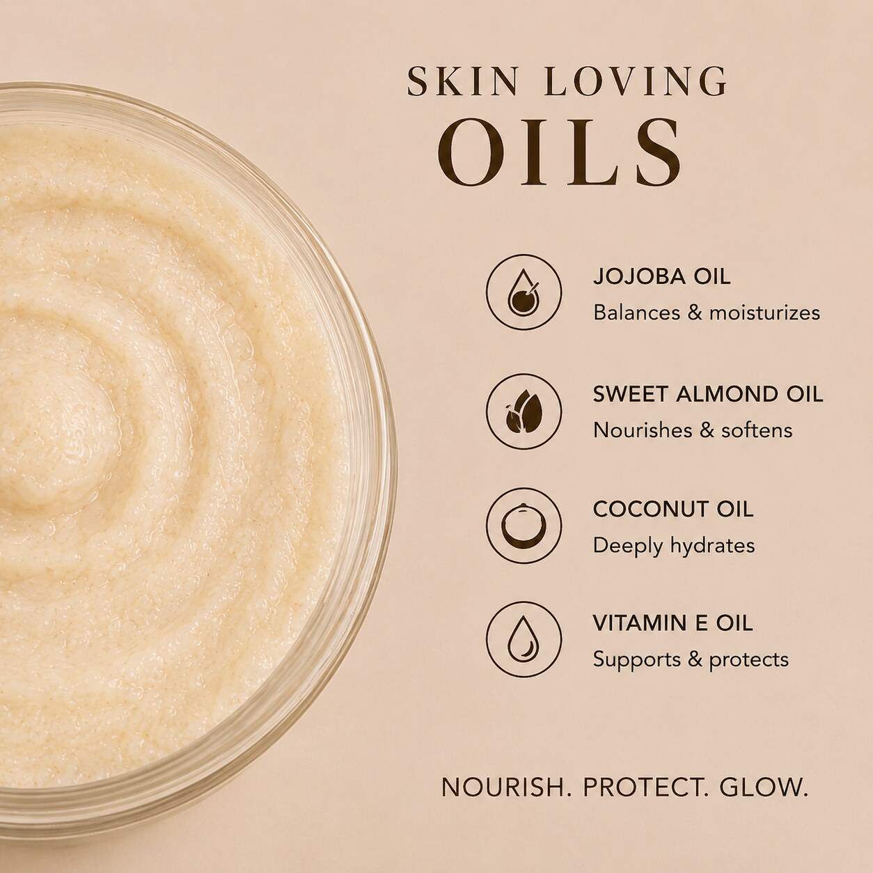 Skin loving oils - jojoba, sweet almond, coconut, vitamin E